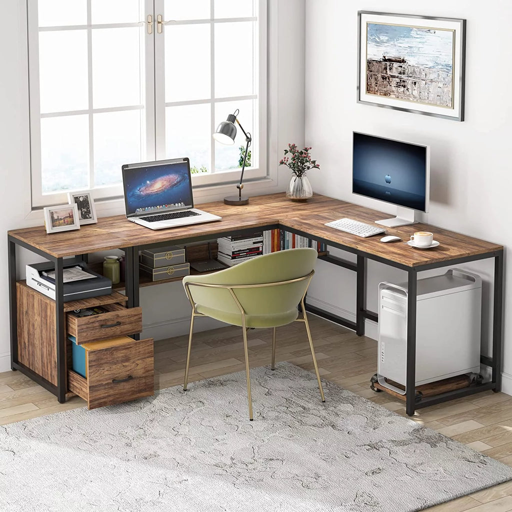 70 Inch L-Shaped Desk with Bookcase Cabinet and Drawers Z72477
