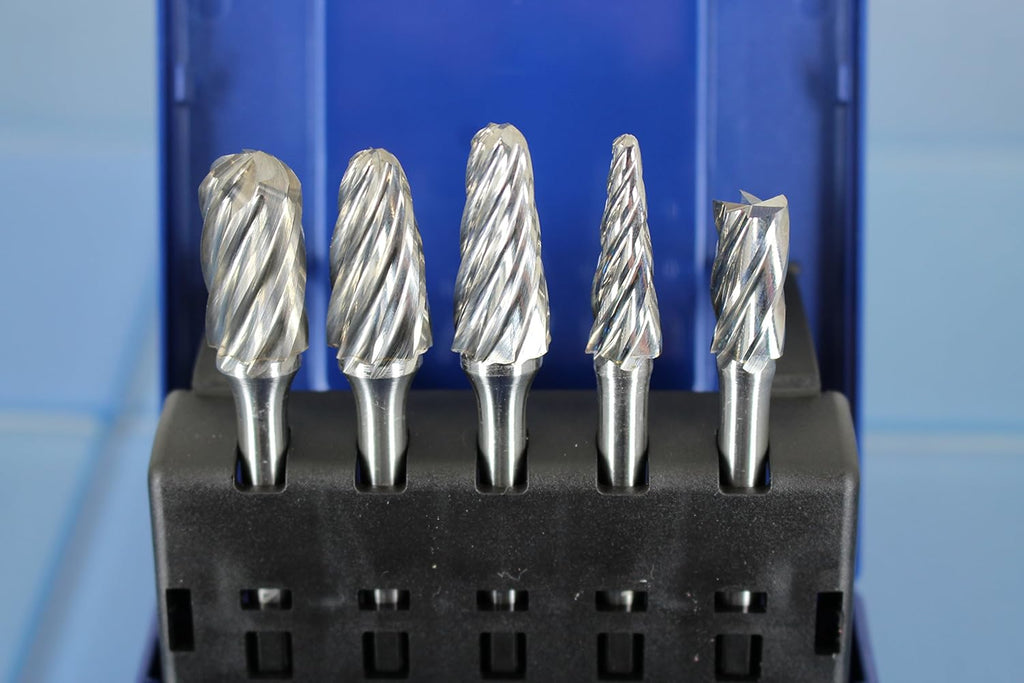 5 pc Set Aluminum Carbide Rotary Burr File, 1/2 Inch and 3/8 Inch Head, 1/4 Inch Diameter 2 Inch Long Shank Z401