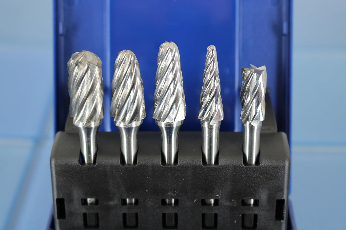 5 pc Set Aluminum Carbide Rotary Burr File, 1/2 Inch and 3/8 Inch Head, 1/4 Inch Diameter 2 Inch Long Shank Z401
