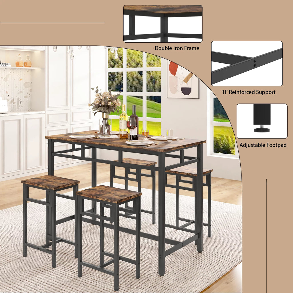 5 Piece Wooden Metal Dining Table and Stools Set G53674