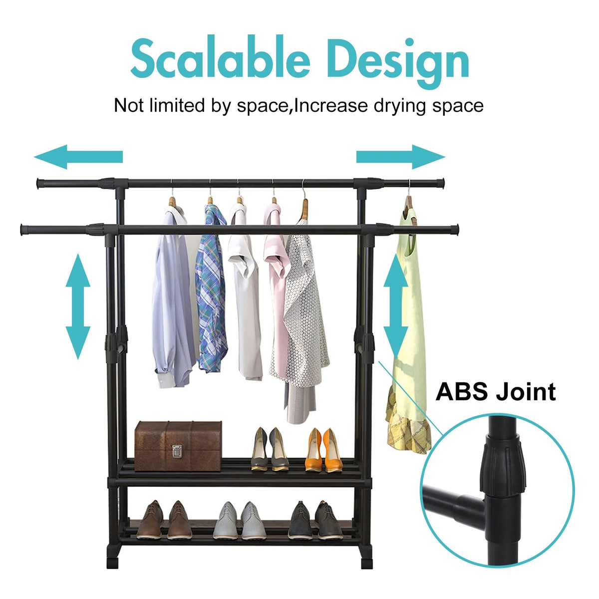 Black Rolling Garment Rack with Bottom Shelves V4720