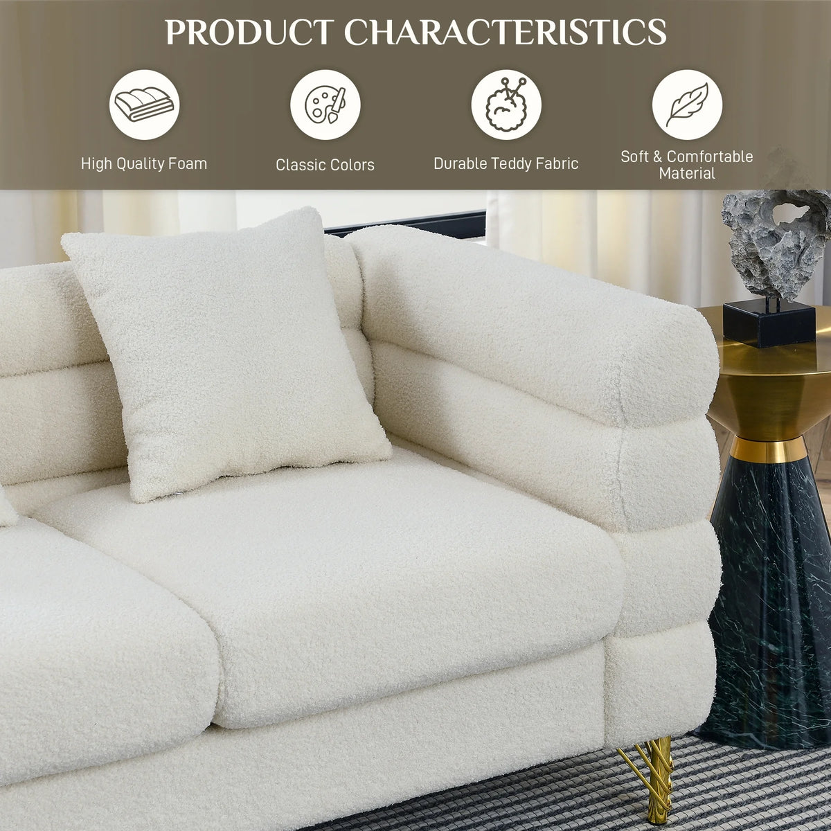 Teddy Fabric Bouclé 3-Seater Sofa with Golden Metal Legs X5073