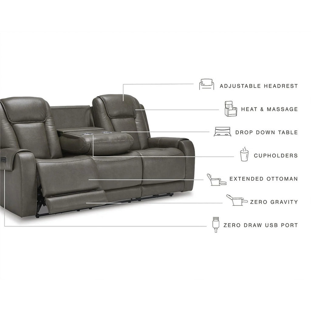 Gray Faux Leather Fabric Power Reclining Sofa A222915