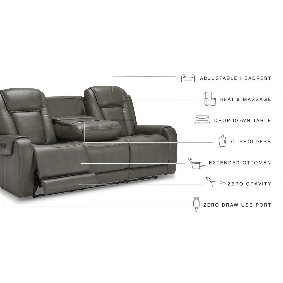 Gray Faux Leather Fabric Power Reclining Sofa A222915