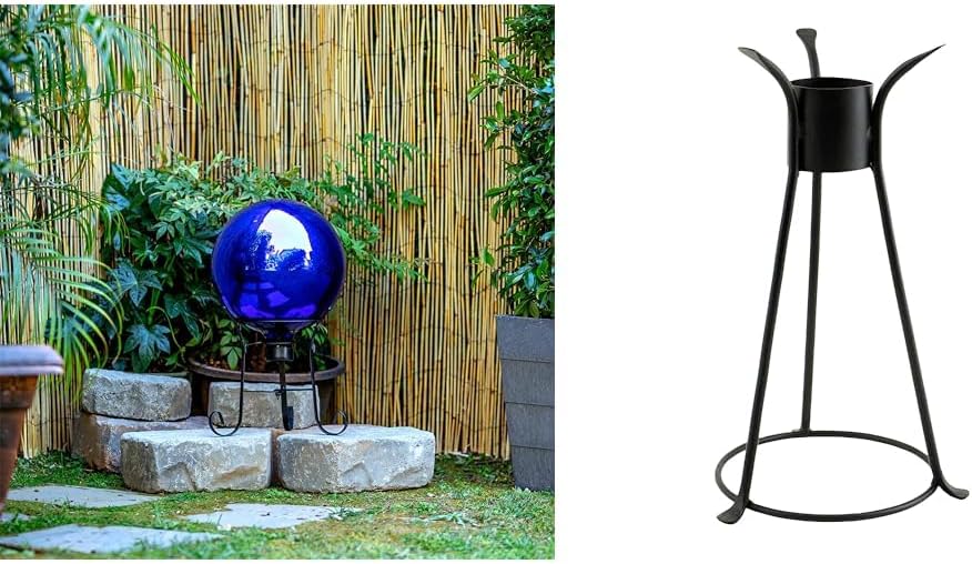 10" Blue Outdoor Glass Gazing Globe with Black Iron Stand Q648364