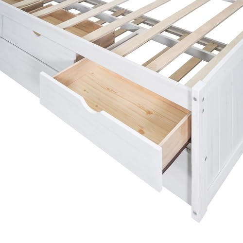 White Wash Wooden Twin Size Captain Bed with Built-in Bookshelves and 3 Storage Drawers and Trundle L19236