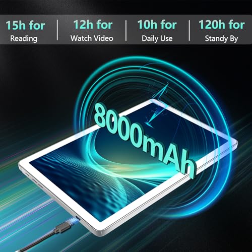 Android 14 Tablet 10 Inch, 4G Cellular, Octa-Core, 128GB Storage + 14(8+6)GB RAM, 1TB Expandable, 5G WiFi, 8000mAh Battery, Bluetooth 5.0, 13MP+8MP Camera, with Keyboard/Case, Silver J80503