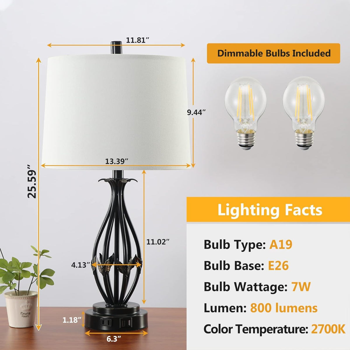 Table Lamp Set of 2, 3 Way Dimmable Touch with Dual USB Ports and AC Outlet R193412