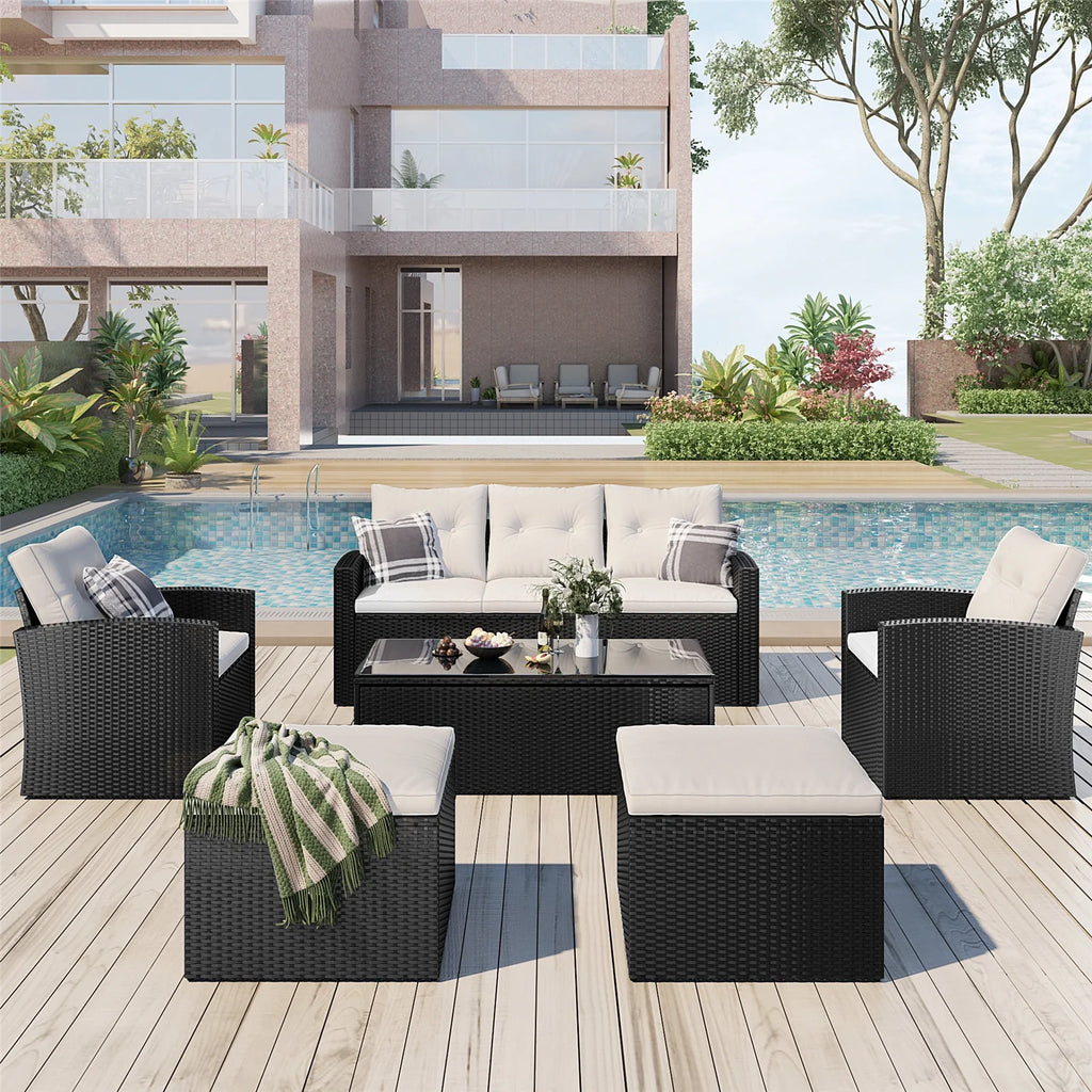 6pcs Outdoor Patio Furniture Set with Coffee Table, Wicker Sofas, Ottomans, Removable Cushions (Beige) V996831
