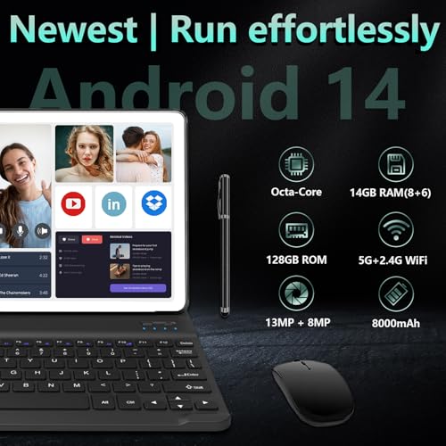 Android 14 Tablet 10 Inch, 4G Cellular, Octa-Core, 128GB Storage + 14(8+6)GB RAM, 1TB Expandable, 5G WiFi, 8000mAh Battery, Bluetooth 5.0, 13MP+8MP Camera, with Keyboard/Case, Silver J80503