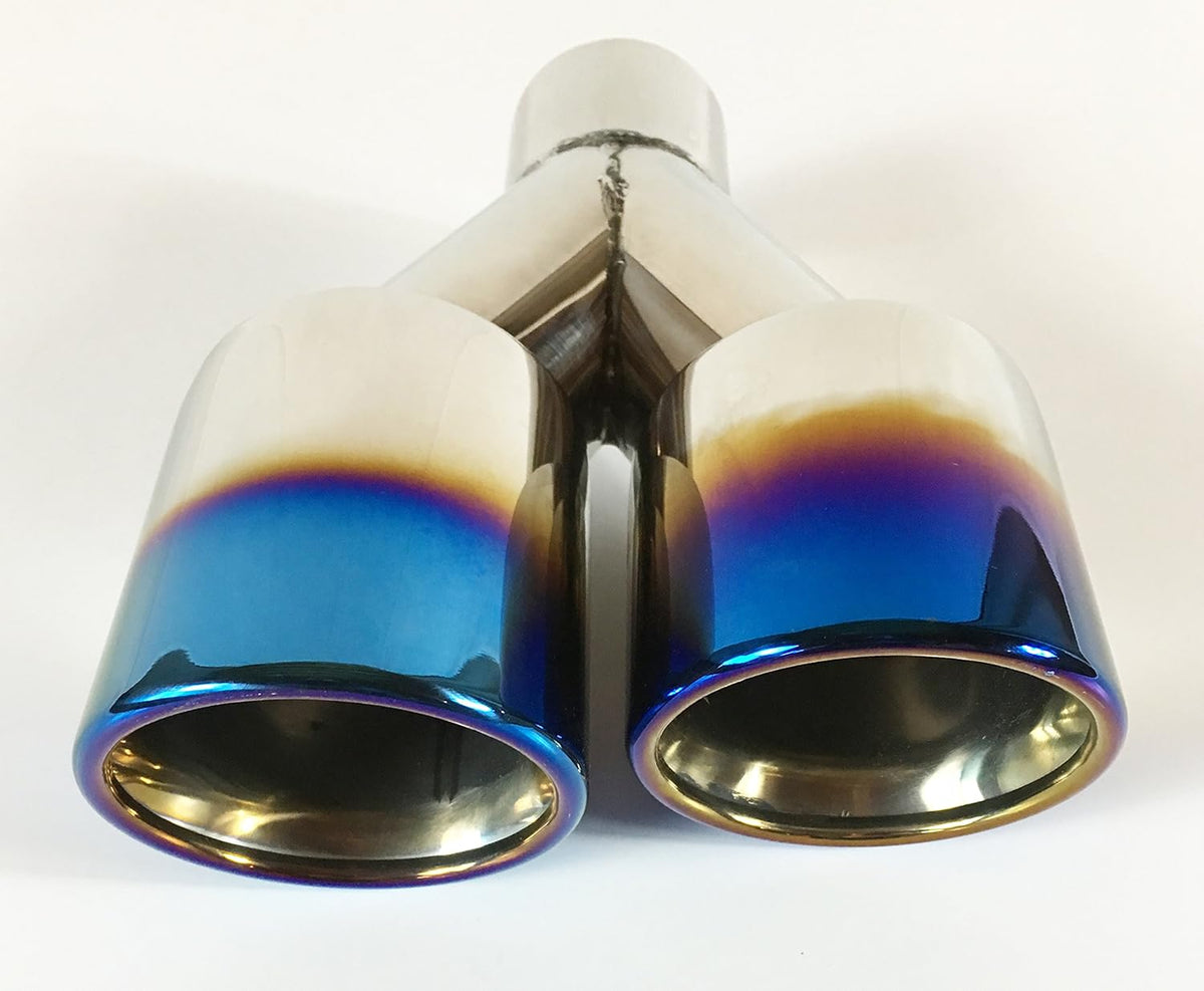 2.25" Inlet 3.00" X 2.5" Outlet 9.50" long Dual Round Staggered Slant Stainless Steel Blue Flame Exhaust Tip Q214437
