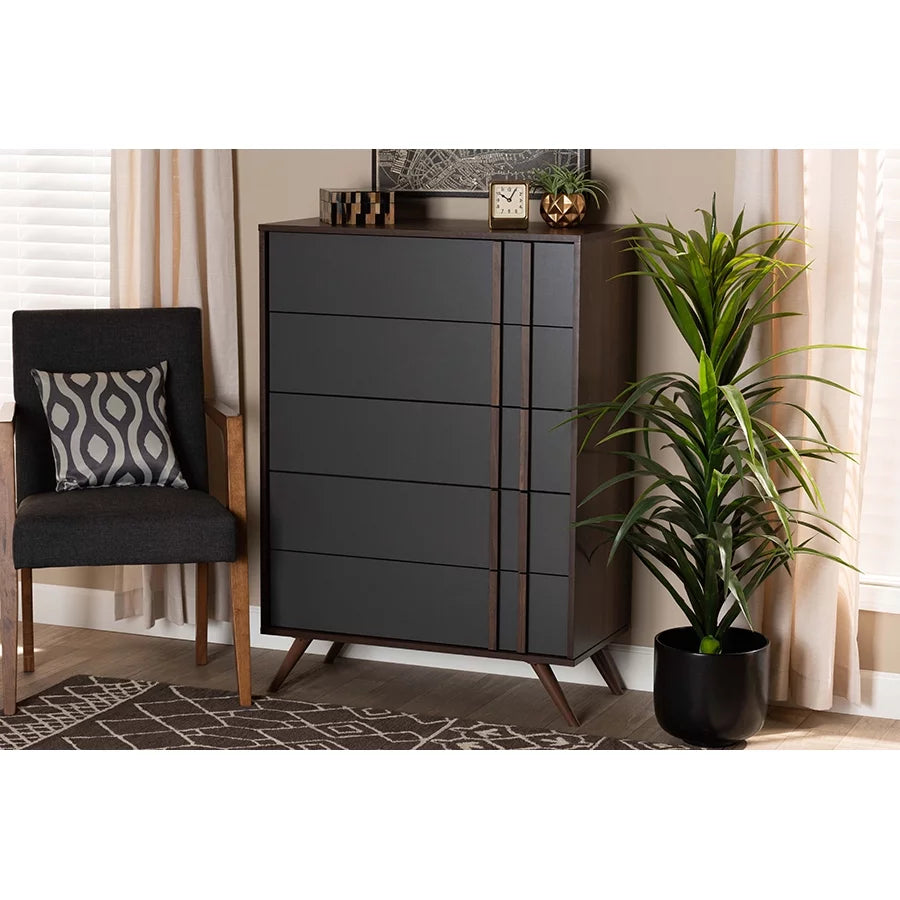 Grey and Walnut Wood 5-Drawer Bedroom Chest L541202