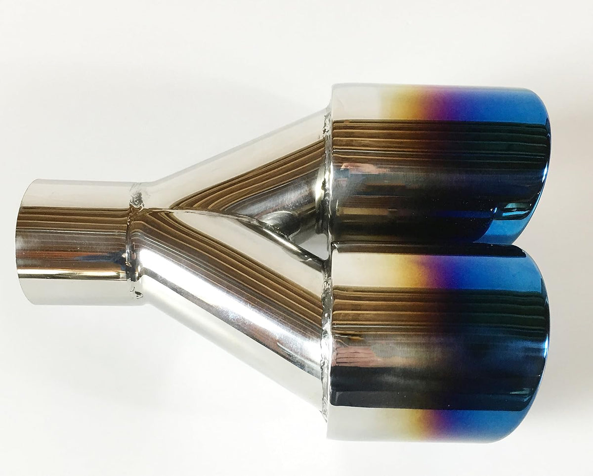 2.25" Inlet 3.00" X 2.5" Outlet 9.50" long Dual Round Staggered Slant Stainless Steel Blue Flame Exhaust Tip Q214437