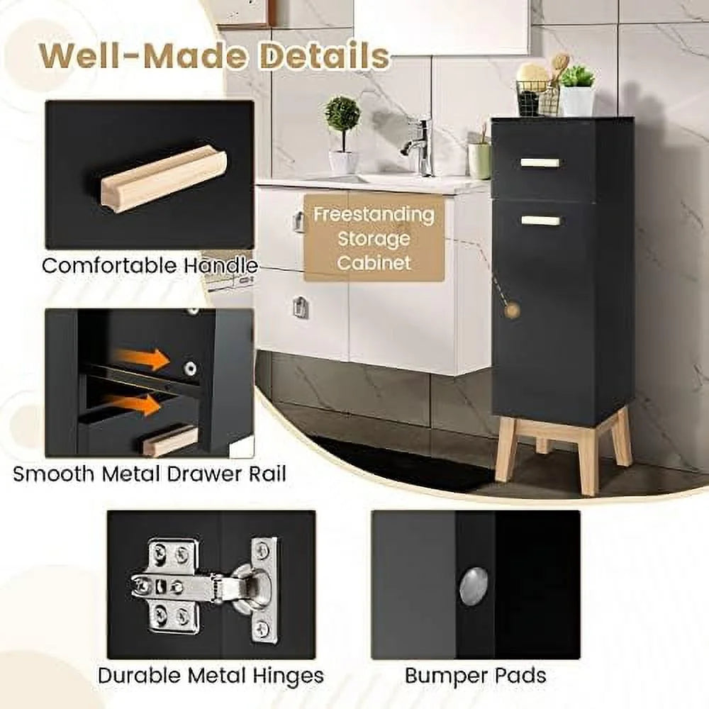 Narrow Black Bathroom Cabinet with Adjustable Shelves and Drawer Q2214
