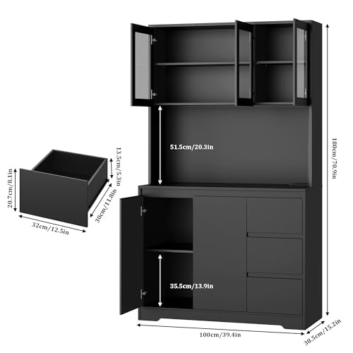 Black 71" Kitchen Pantry Cabinet with LED Lights and Charging Station L1505