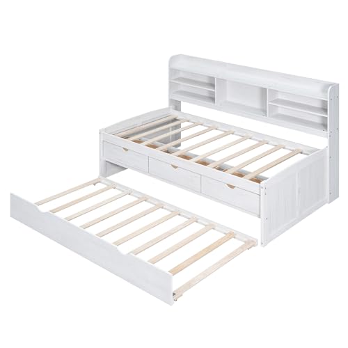 White Wash Wooden Twin Size Captain Bed with Built-in Bookshelves and 3 Storage Drawers and Trundle L19236