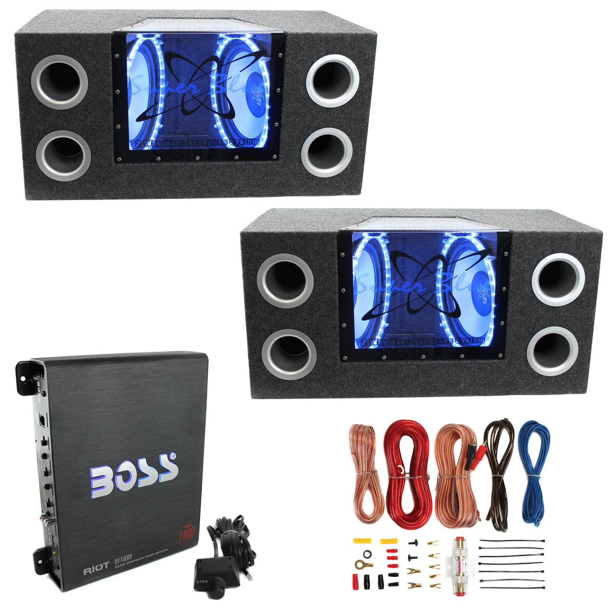 10" Box Subwoofers (2 Pack) with Amplifier and Wire Kit Q369