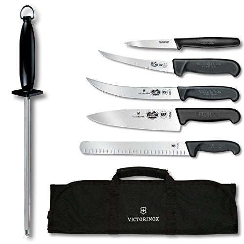 7-Piece BBQ Set with Red Fibrox Pro Handles and Knife Roll A137