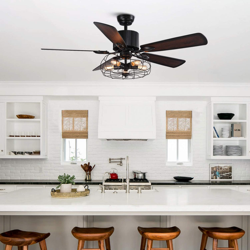 48 Retro Industrial Cage Ceiling Fan with Lights and Remote N7292