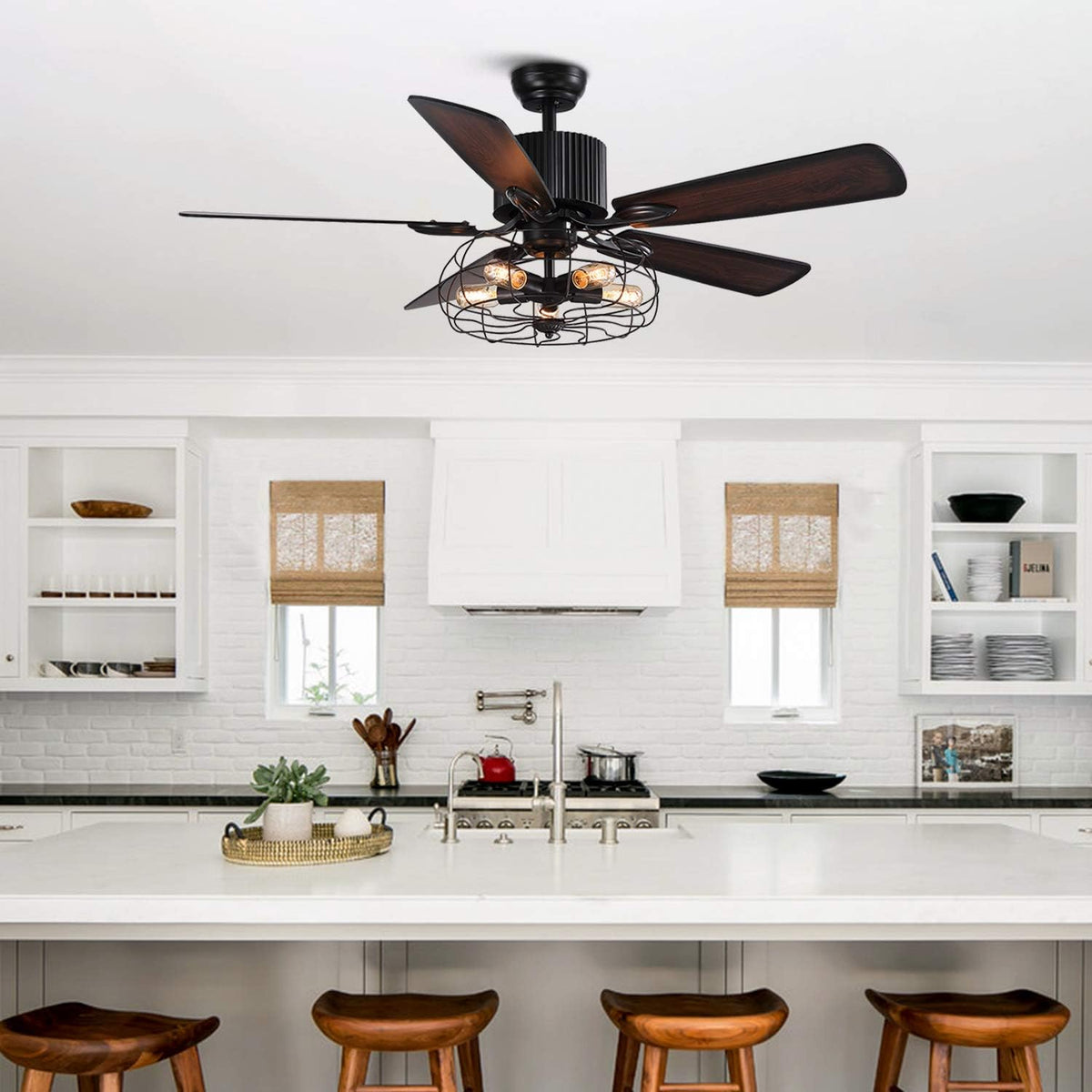 48 Retro Industrial Cage Ceiling Fan with Lights and Remote N7292
