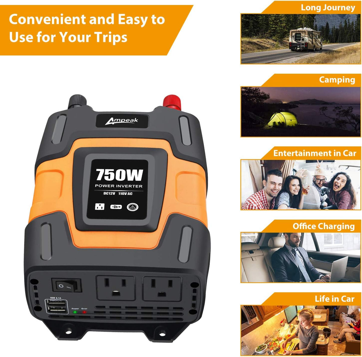 750W Power Inverter 12V DC to 110V AC Converter with Dual USB Dual AC Outlets R3825