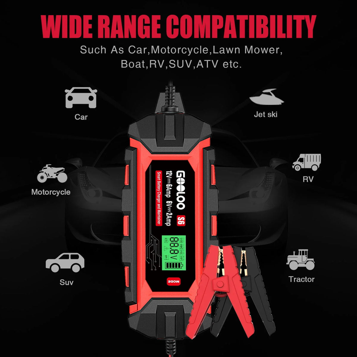 6 Amp 6V 12V Smart Trickle Battery Charger with LCD Display I128753