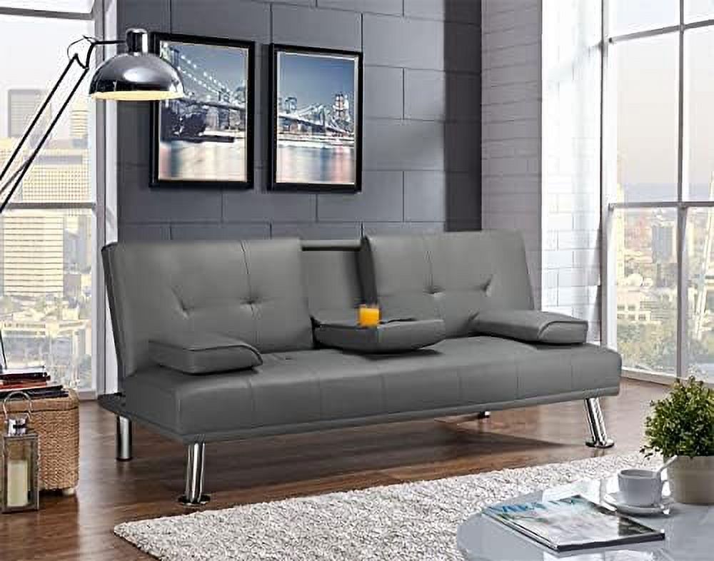 Gray Faux Leather Sofa Bed Futon with Armrest O963