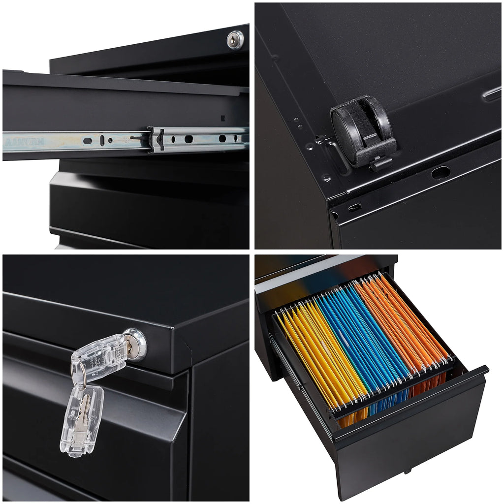 3 Drawer Black Mobile File Cabinet with Lock Q21014