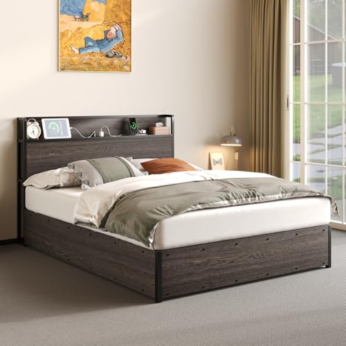 Full Size Wooden Platform Bed Frame with Storage Headboard O74563