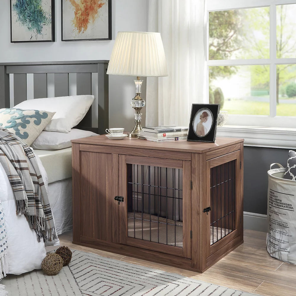 Wooden Wire Dog Crate End Table with Cushion D87436