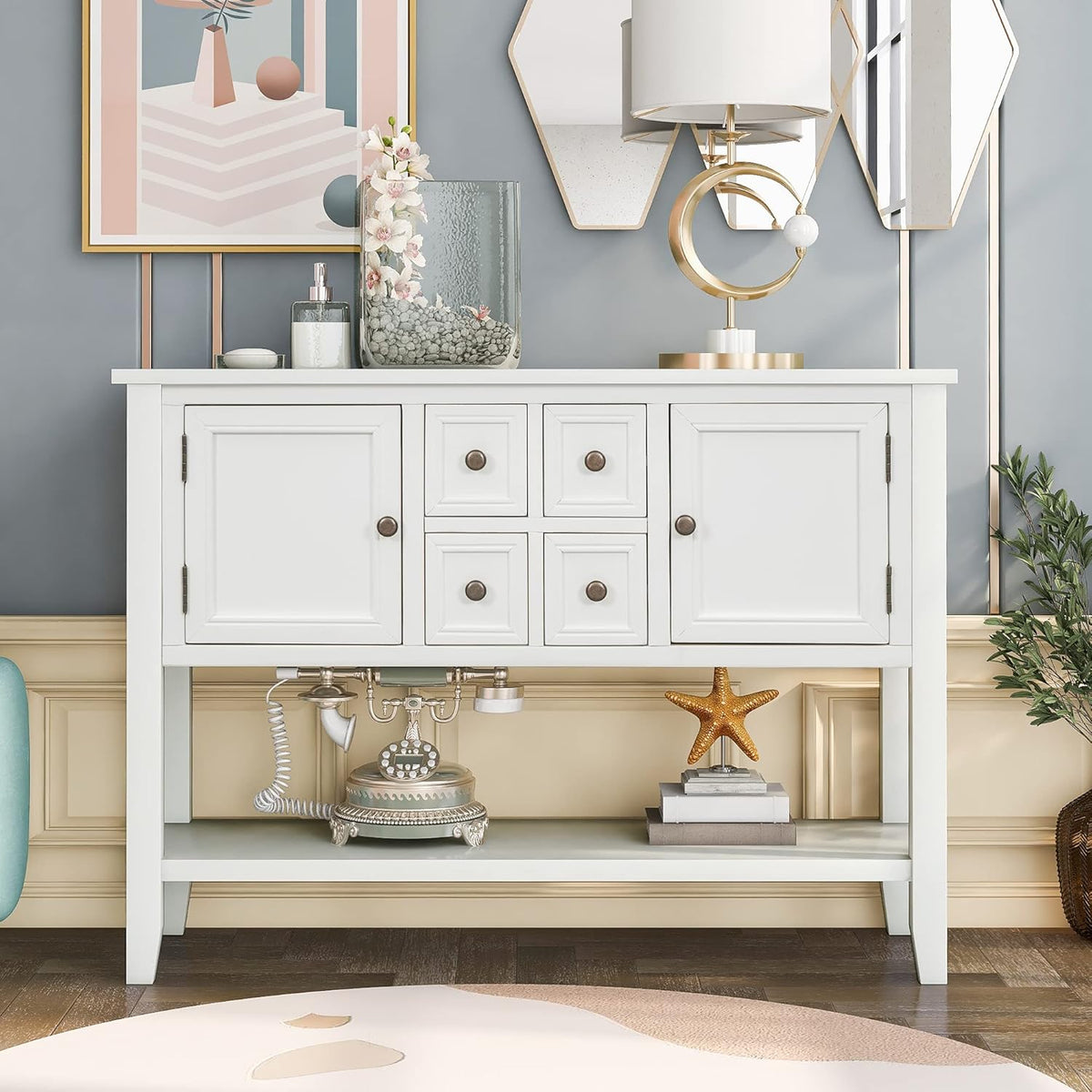 Solid Wood Console Table with 3 Drawers, 2 Cabinet and 1 Shelf C8919