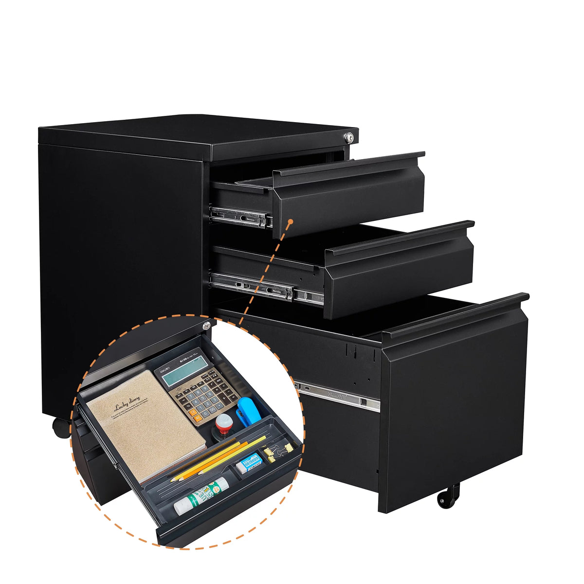 3 Drawer Black Mobile File Cabinet with Lock Q21014