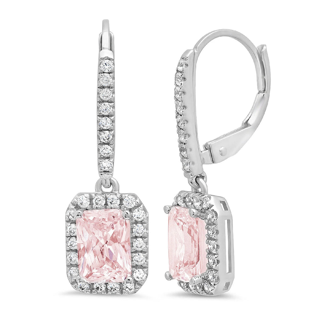 14K White Gold Emerald Cut Halo Drop Dangle Earrings J282359