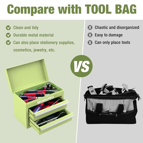 Mini Metal Tool Box with 2 Drawers and Top Storage, Cold Rolled Steel Toolbox N48688
