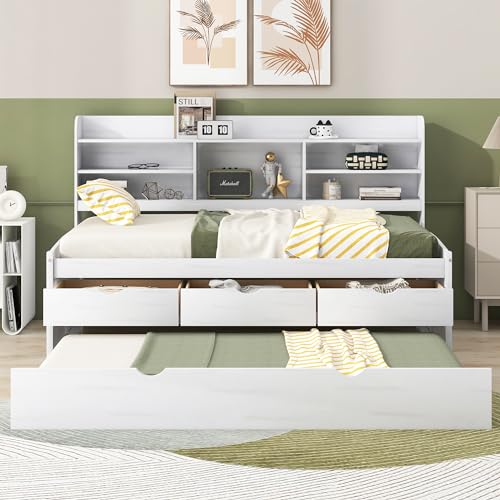 White Wash Wooden Twin Size Captain Bed with Built-in Bookshelves and 3 Storage Drawers and Trundle L19236