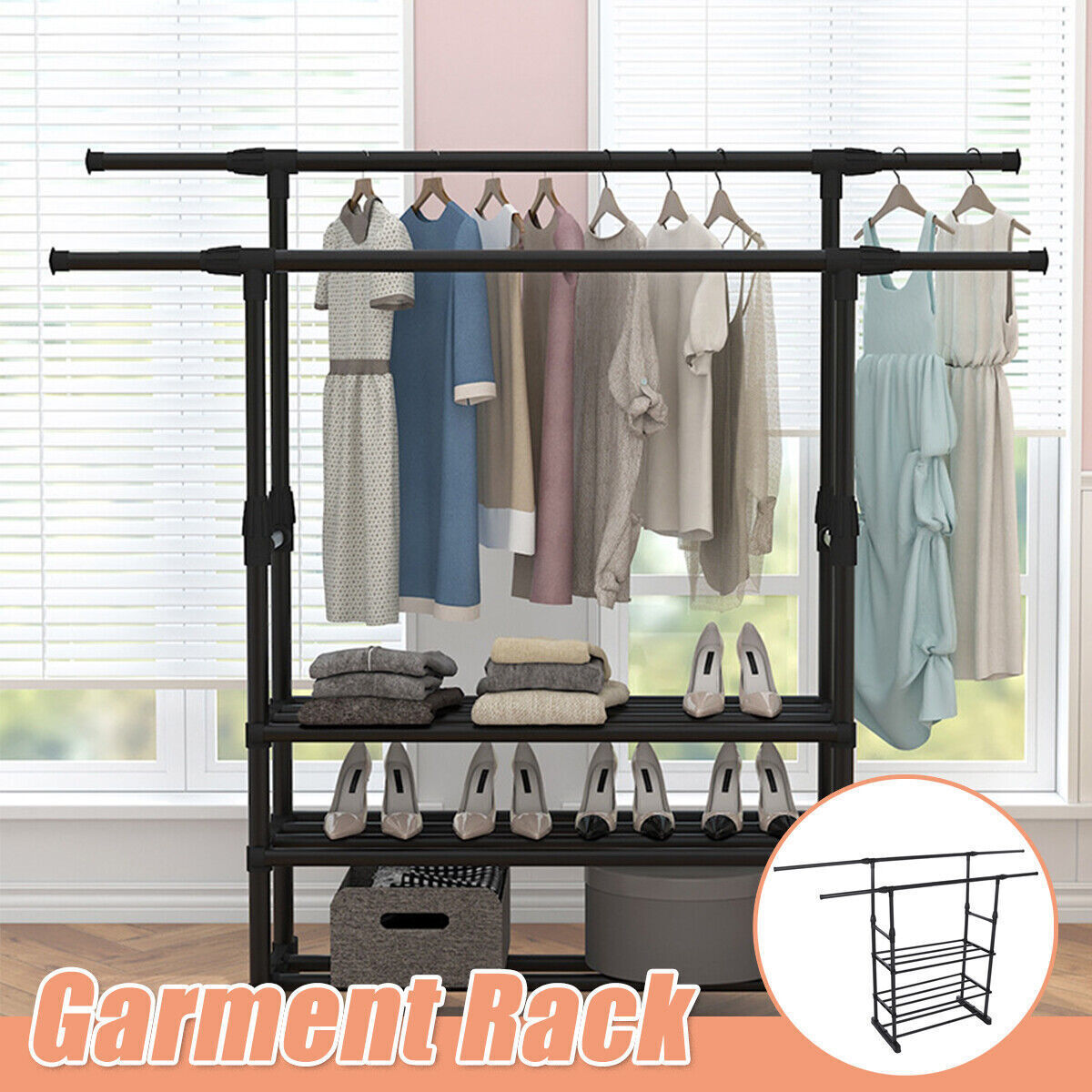Black Rolling Garment Rack with Bottom Shelves V4720