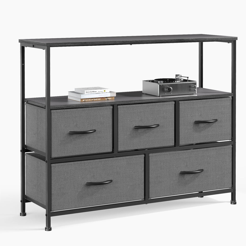 Gray 5 Drawer Fabric Dresser with Wood Shelves X38462