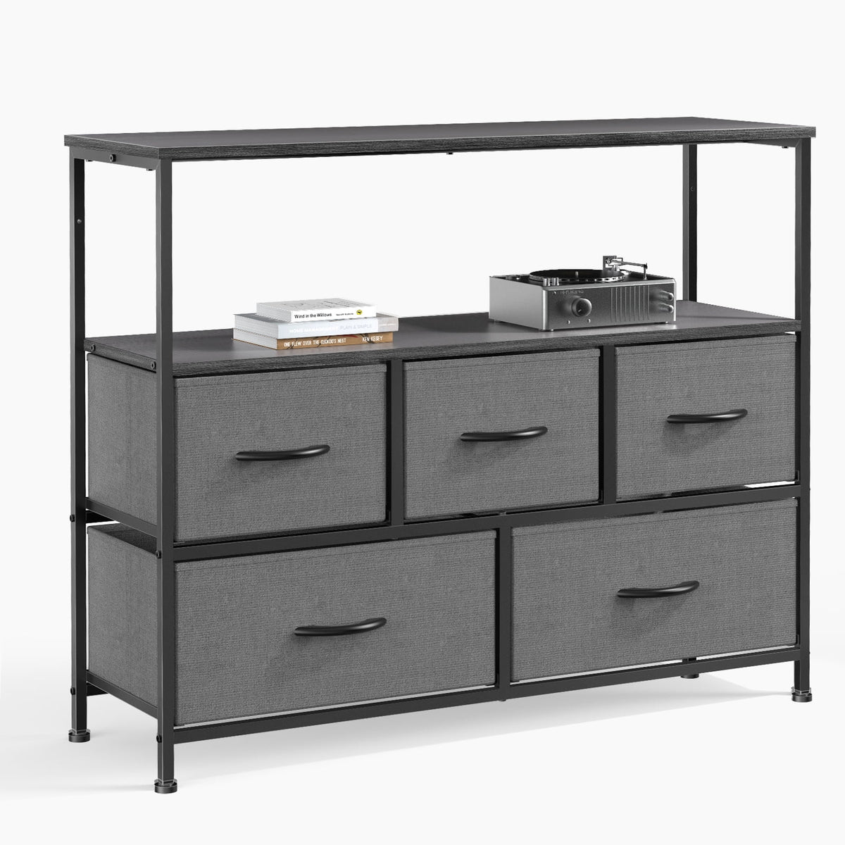 Gray 5 Drawer Fabric Dresser with Wood Shelves X38462