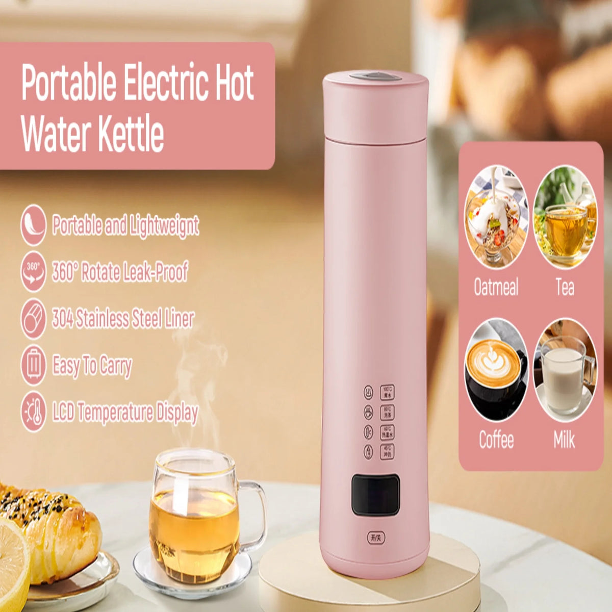 Portable Electric Hot Water Kettle with Tea Filter Pink O586