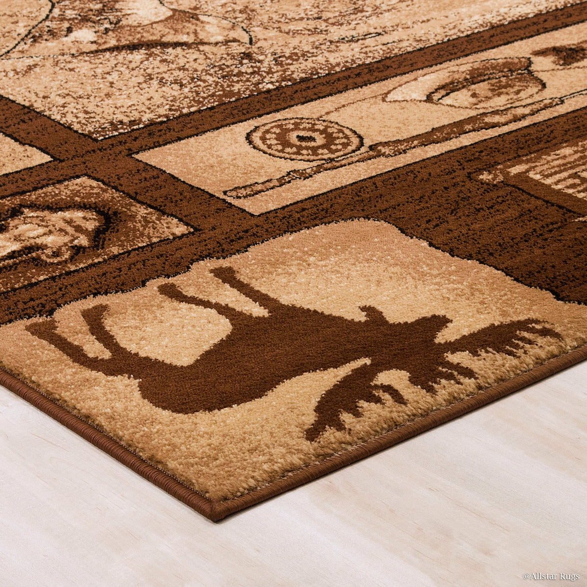 Brown Prints Fish Acorns Bear Cabin Moose Wildlife Area Rug (3' 9" x 5' 1") Y125
