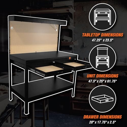 Black 48-Inch Workbench with Power Outlets and Light K45315