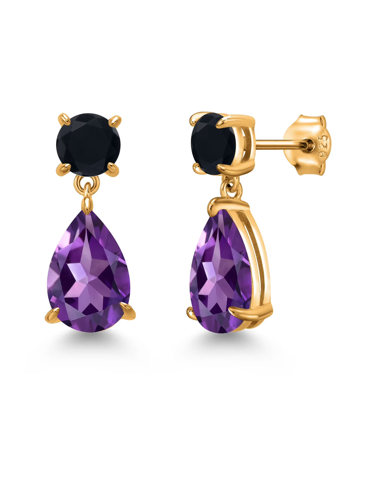 Purple Amethyst and Black Onyx Teardrop Dangle Drop Earrings S5371