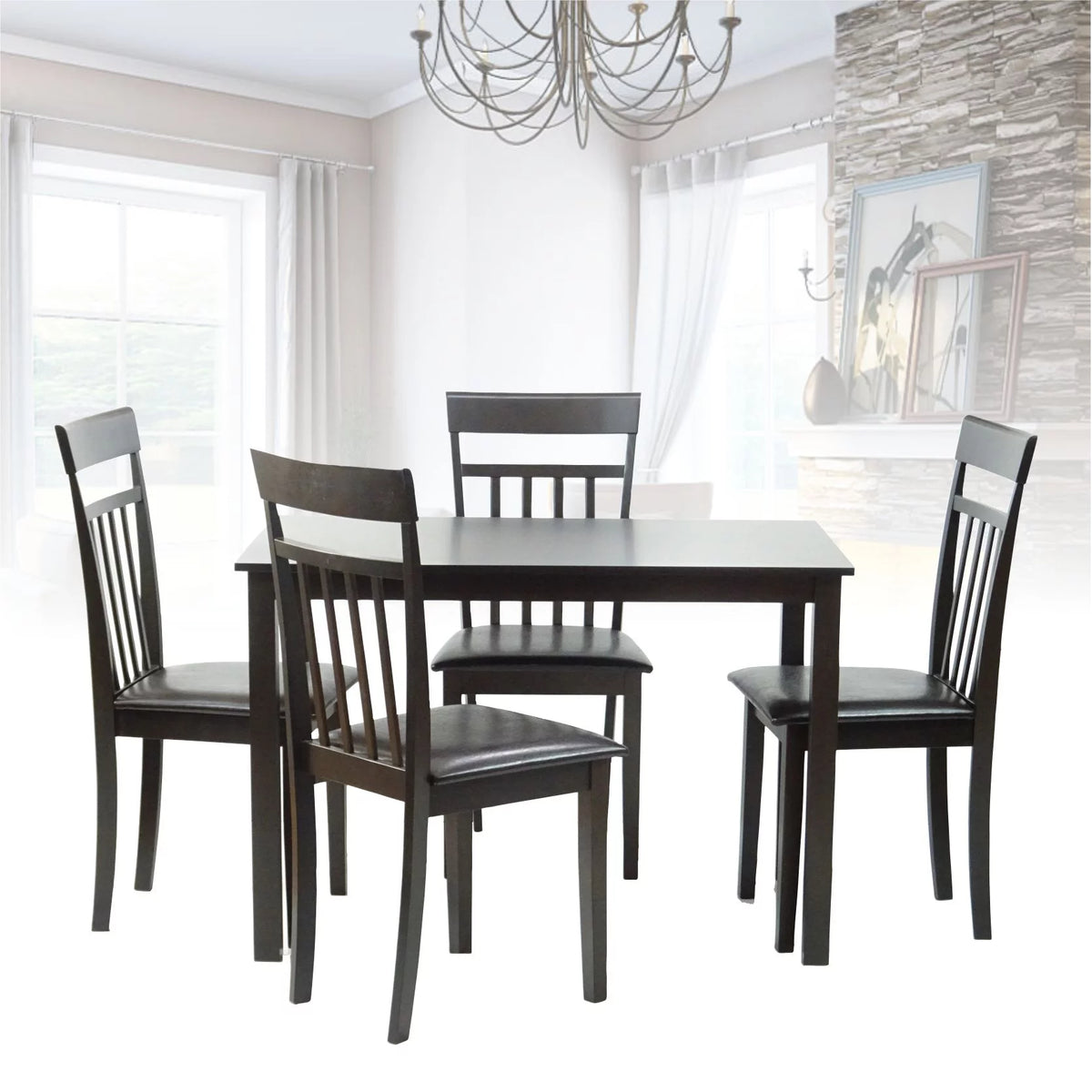 Set of 5 pc Solid Wooden Table and Chairs Espresso Black Finish R164