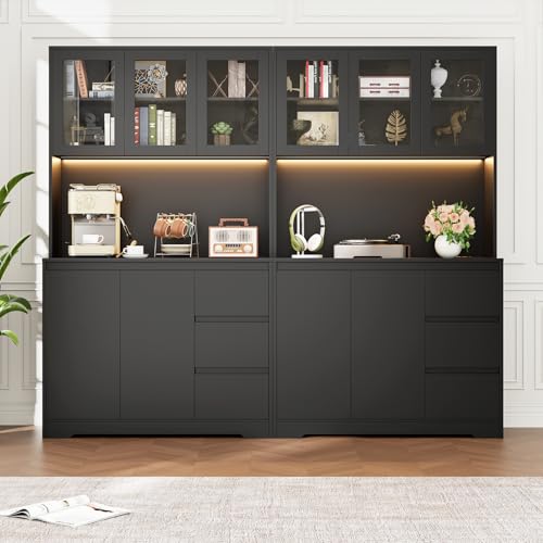 Black 71" Kitchen Pantry Cabinet with LED Lights and Charging Station L1505