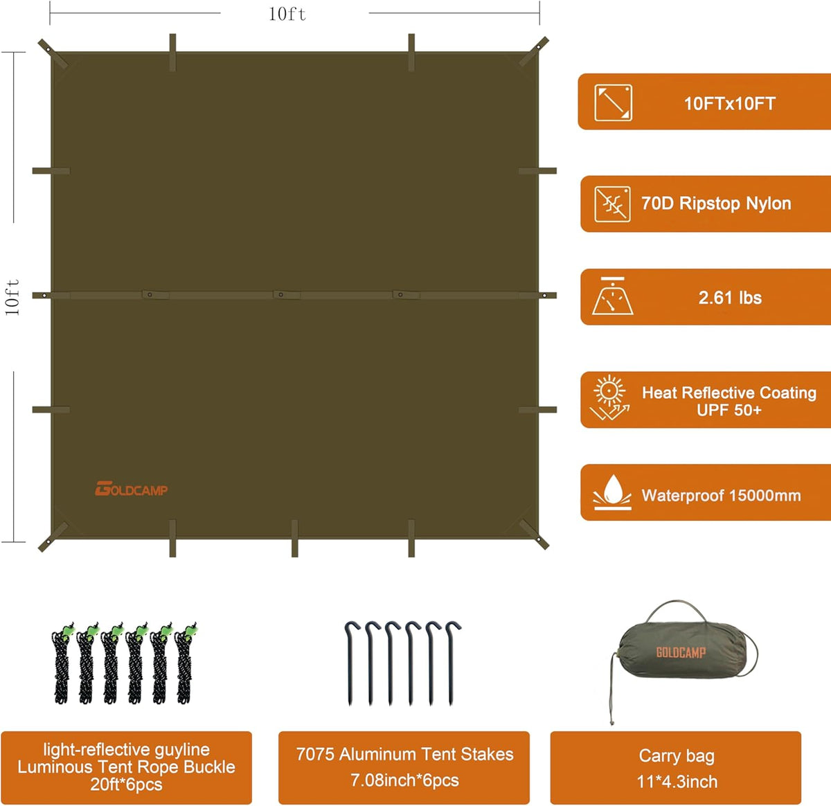 70D Nylon 10''X10'' Waterproof Camping Tarp A6964