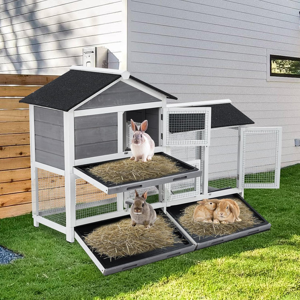 62" Wooden Waterproof Bunny Hutch Rabbit Cage Guinea Pig Coop with Stairs and Cleaning Tray R428648