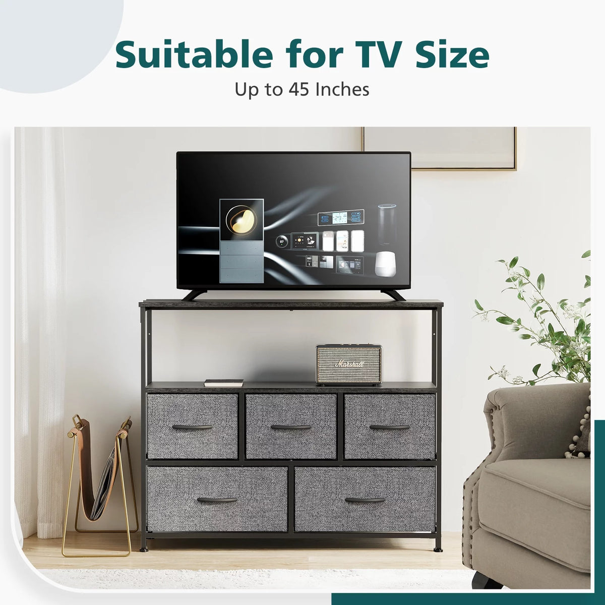 Gray 5 Drawer Fabric Dresser with Wood Shelves X38462