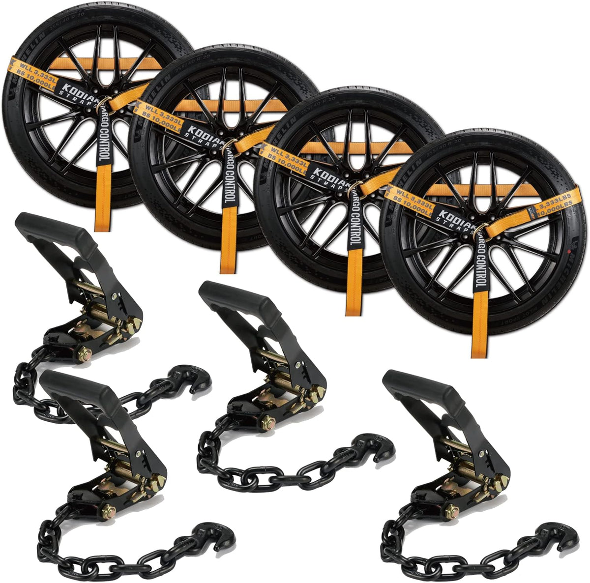 4 Pack Ratchet Car Tie Down Strap with Chain Hooks 2" x 144' Heavy Duty 10,000lbs Min Break Strength Tire Straps C33441