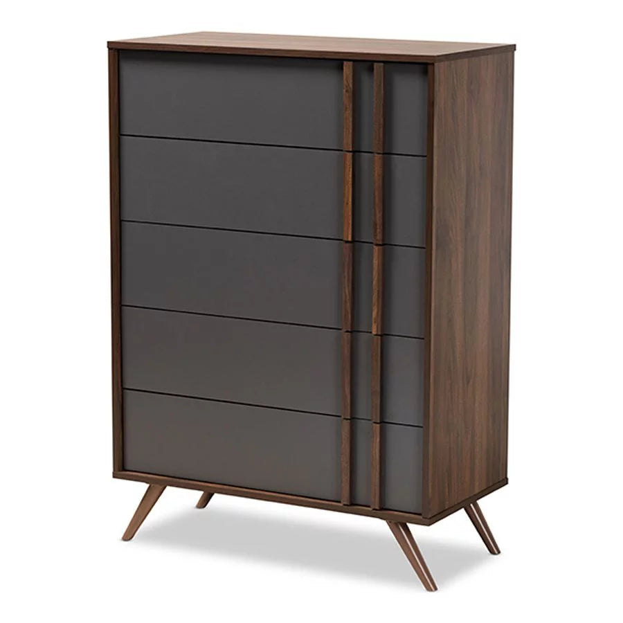 Grey and Walnut Wood 5-Drawer Bedroom Chest L541202