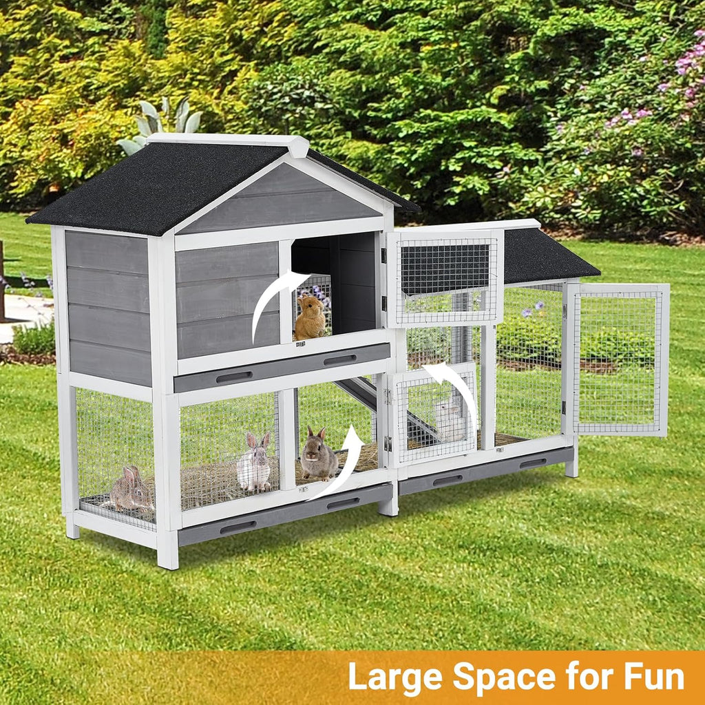 62" Wooden Waterproof Bunny Hutch Rabbit Cage Guinea Pig Coop with Stairs and Cleaning Tray R428648